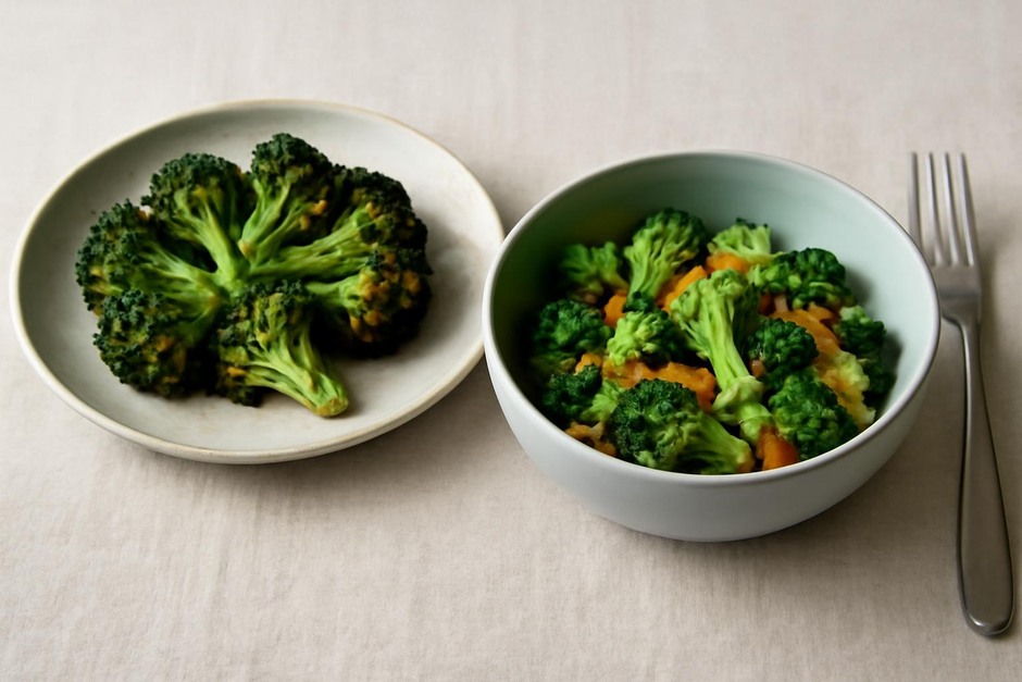 Two small dishes of the same vegetable prepared in different ways