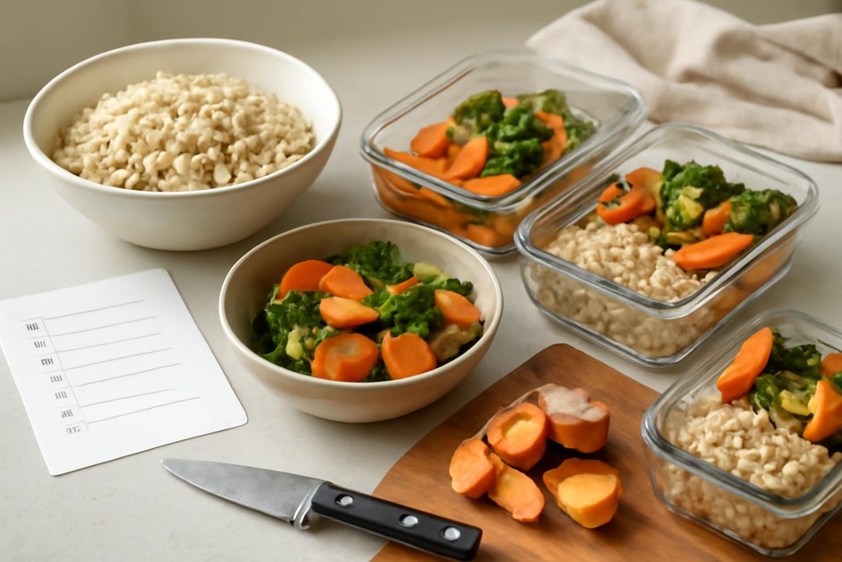 Cooked grains, roasted vegetables, and packed meals on a kitchen counter