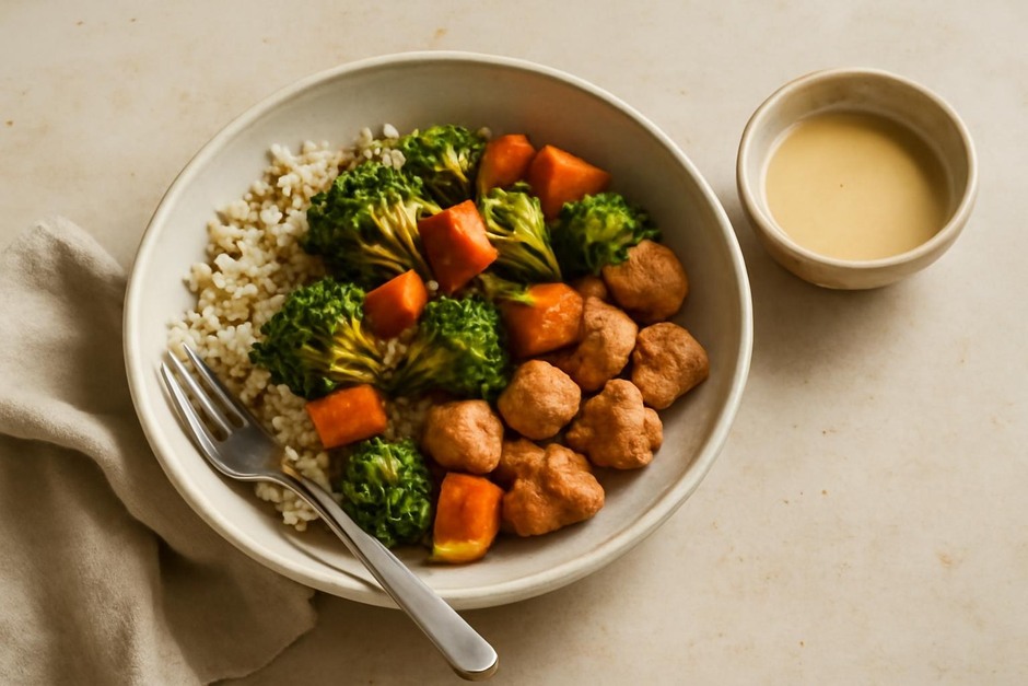 A simple weeknight meal with grains, roasted vegetables, and a small bowl of sauce