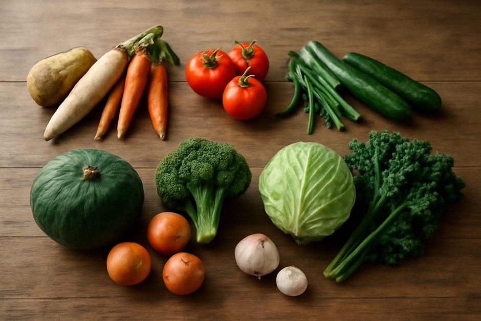 Wooden table with seasonal vegetables grouped by season